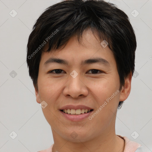 Joyful asian young-adult female with short  brown hair and brown eyes