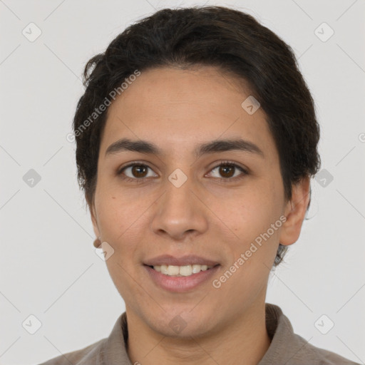 Joyful white young-adult female with short  brown hair and brown eyes