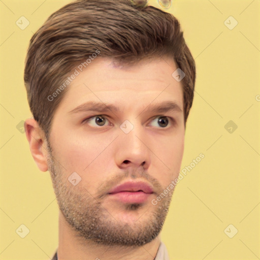 Neutral white young-adult male with short  brown hair and brown eyes