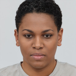 Neutral black young-adult female with short  brown hair and brown eyes