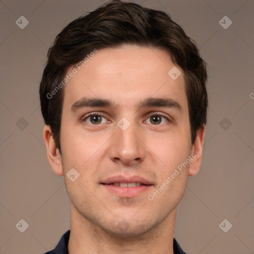 Neutral white young-adult male with short  brown hair and brown eyes
