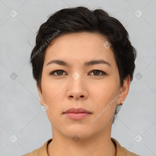 Neutral asian young-adult female with short  brown hair and brown eyes