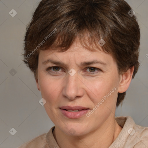 Joyful white adult female with medium  brown hair and grey eyes