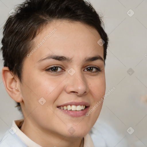 Joyful white young-adult female with short  brown hair and brown eyes