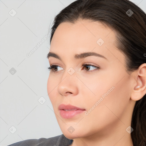 Neutral white young-adult female with medium  brown hair and brown eyes