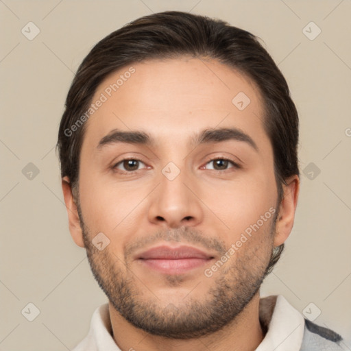 Joyful white young-adult male with short  brown hair and brown eyes