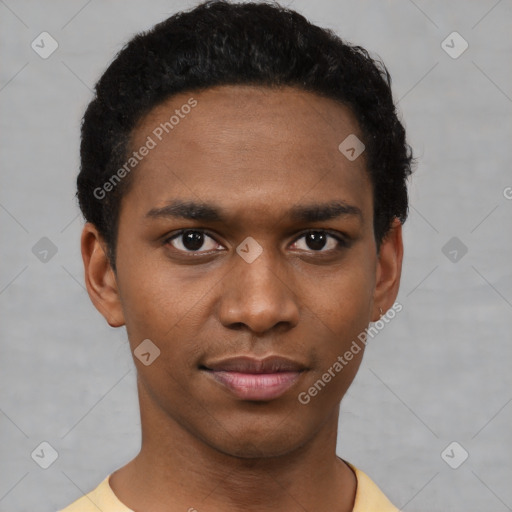 Neutral black young-adult male with short  black hair and brown eyes