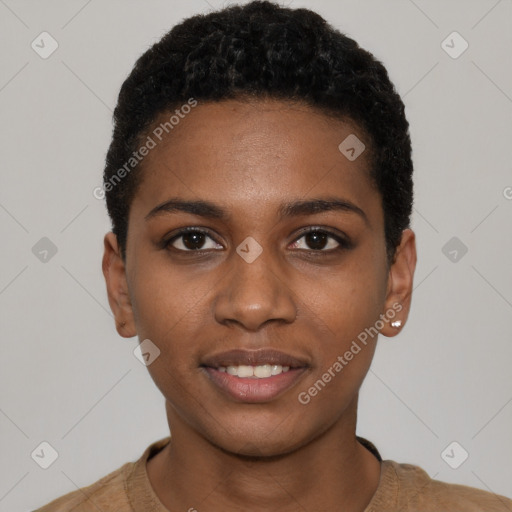 Joyful black young-adult female with short  black hair and brown eyes