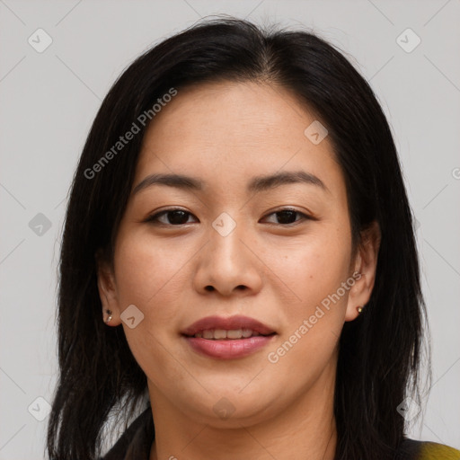 Joyful asian young-adult female with medium  brown hair and brown eyes