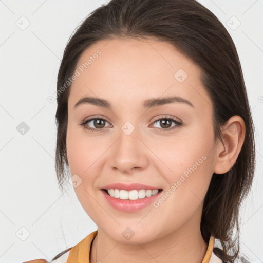 Joyful white young-adult female with long  brown hair and brown eyes