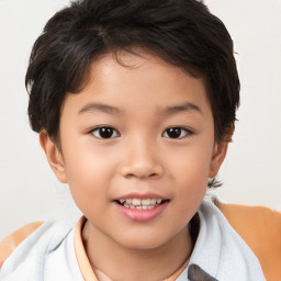 Joyful white child female with short  brown hair and brown eyes