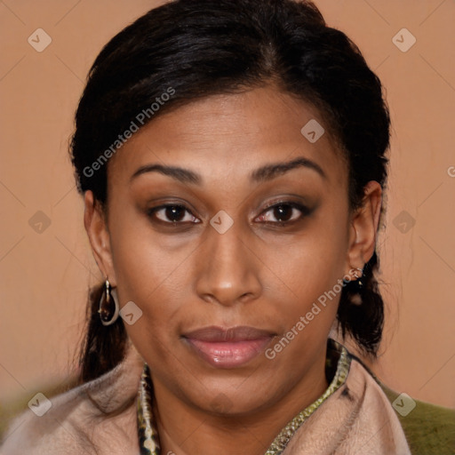 Joyful latino young-adult female with medium  brown hair and brown eyes