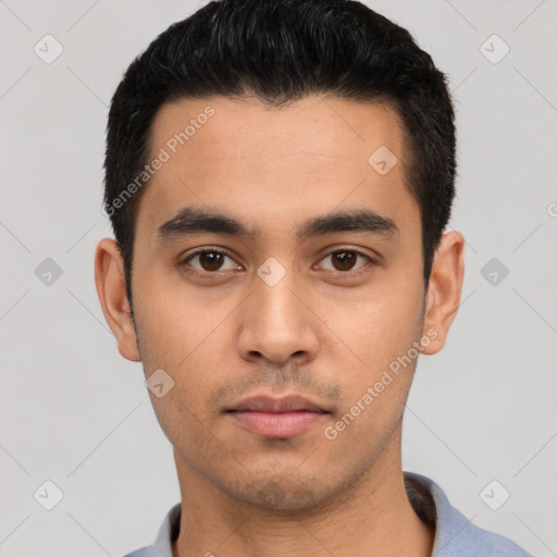 Neutral latino young-adult male with short  black hair and brown eyes