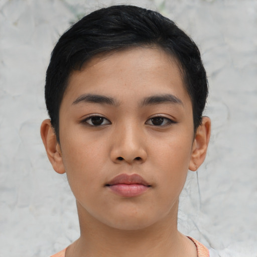 Neutral asian young-adult female with short  brown hair and brown eyes