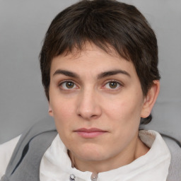 Neutral white young-adult female with short  brown hair and brown eyes