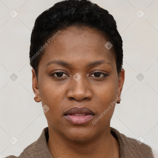 Neutral black young-adult female with short  black hair and brown eyes