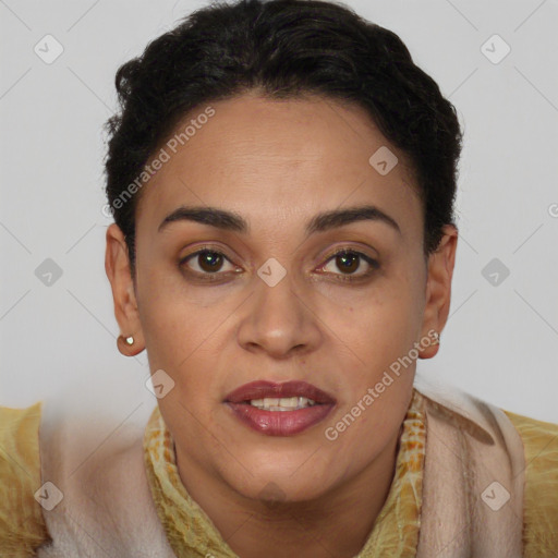 Joyful latino young-adult female with short  brown hair and brown eyes