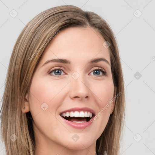 Joyful white young-adult female with long  brown hair and grey eyes