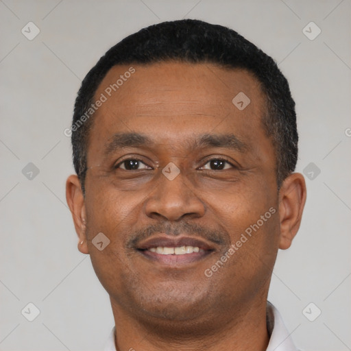 Joyful black young-adult male with short  black hair and brown eyes