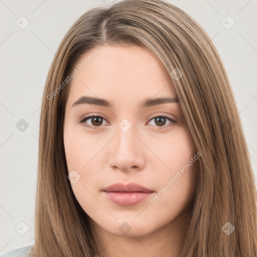 Neutral white young-adult female with long  brown hair and brown eyes