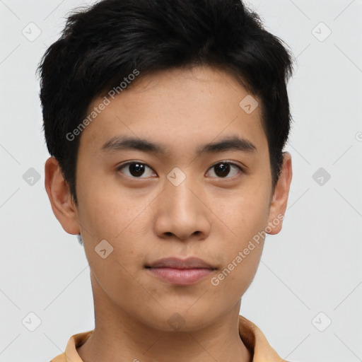 Neutral asian young-adult male with short  brown hair and brown eyes