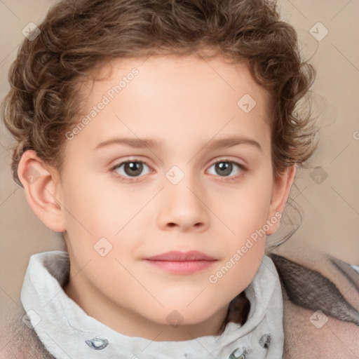 Joyful white child female with short  brown hair and brown eyes