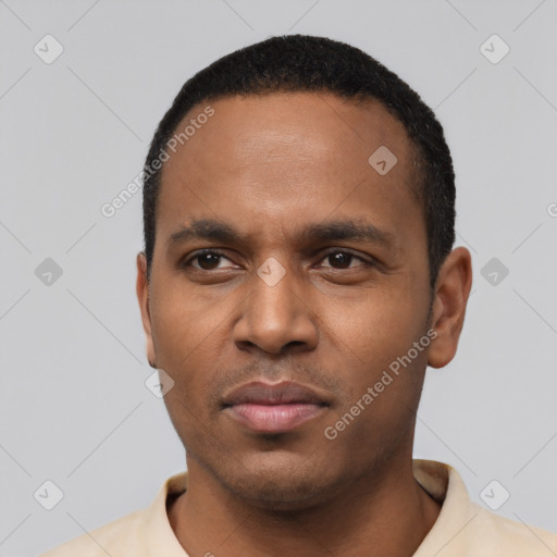 Neutral black young-adult male with short  black hair and brown eyes