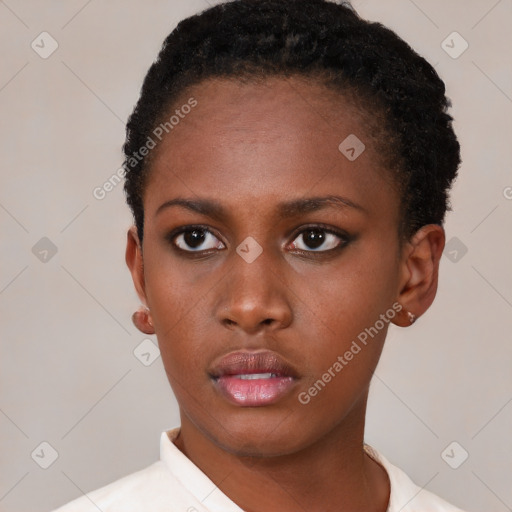 Neutral black young-adult female with short  brown hair and brown eyes