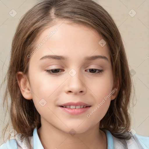 Joyful white child female with medium  brown hair and brown eyes