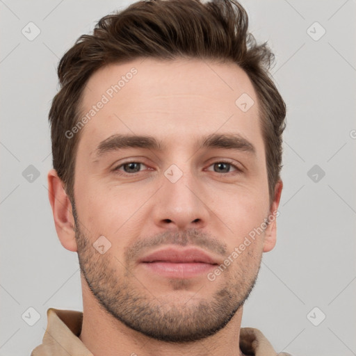 Neutral white young-adult male with short  brown hair and brown eyes