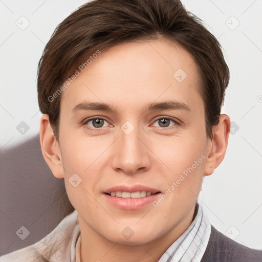 Joyful white young-adult female with short  brown hair and grey eyes