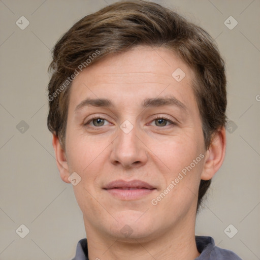 Joyful white adult female with short  brown hair and brown eyes