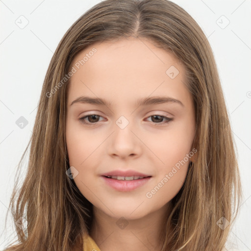 Joyful white child female with long  brown hair and brown eyes