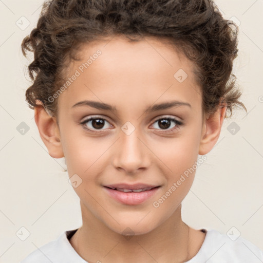 Joyful white child female with short  brown hair and brown eyes