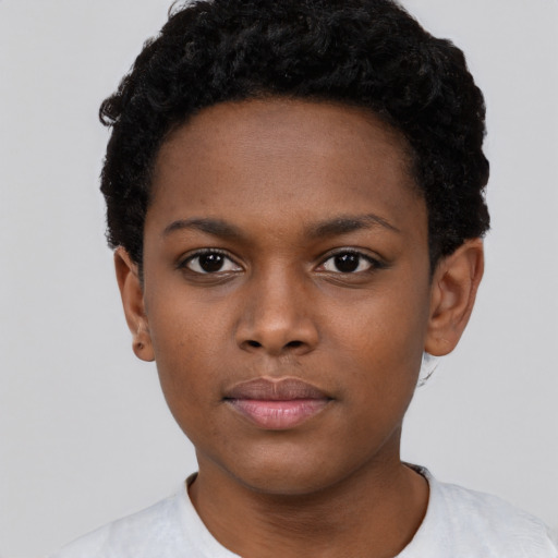 Neutral black young-adult female with short  black hair and brown eyes