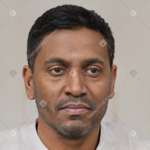 Neutral latino adult male with short  black hair and brown eyes