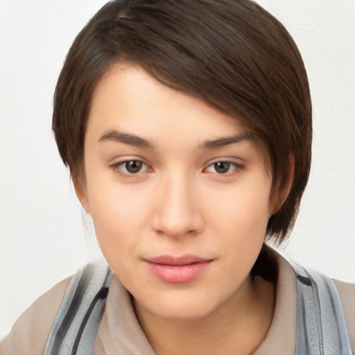 Neutral white young-adult female with medium  brown hair and brown eyes