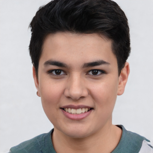 Joyful white young-adult male with short  black hair and brown eyes