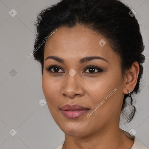 Joyful latino young-adult female with medium  black hair and brown eyes