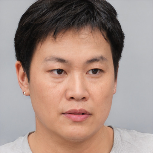 Neutral asian young-adult male with short  brown hair and brown eyes