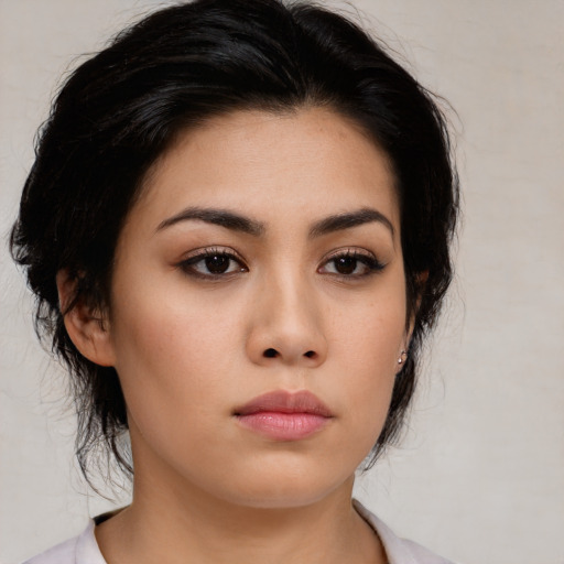 Neutral asian young-adult female with medium  black hair and brown eyes