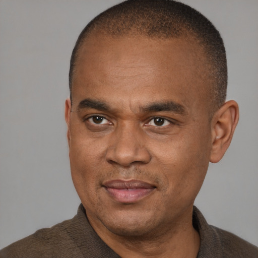Joyful black adult male with short  brown hair and brown eyes