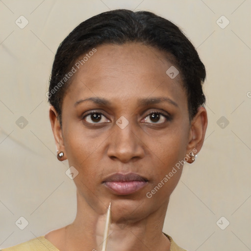 Neutral latino young-adult female with short  brown hair and brown eyes