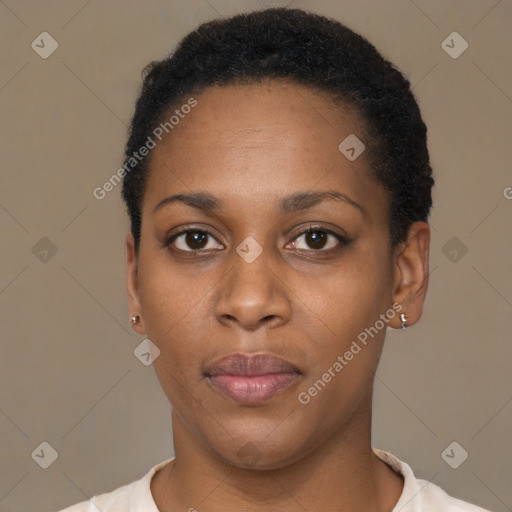 Neutral black young-adult female with short  black hair and brown eyes