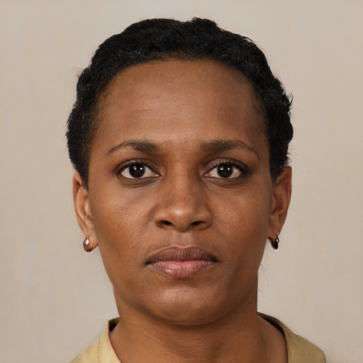 Neutral black young-adult female with short  brown hair and brown eyes