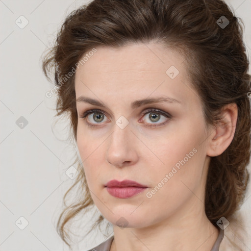 Neutral white young-adult female with medium  brown hair and brown eyes