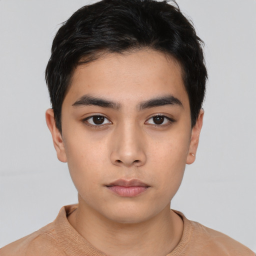 Neutral asian young-adult male with short  black hair and brown eyes