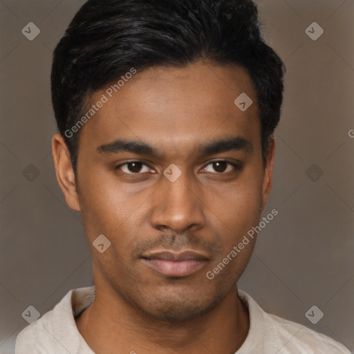 Neutral latino young-adult male with short  black hair and brown eyes