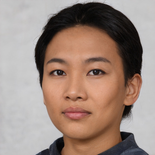 Neutral asian young-adult female with short  black hair and brown eyes
