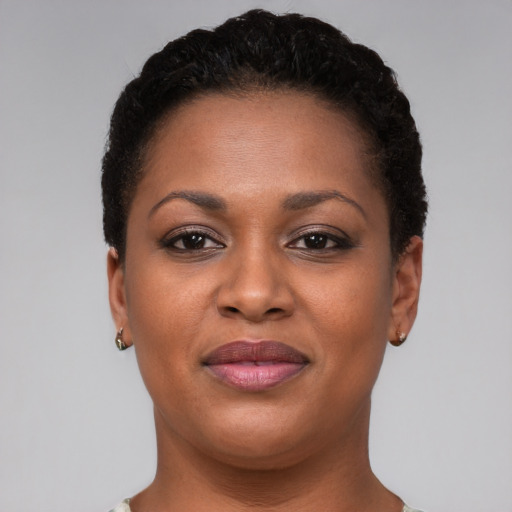 Joyful black young-adult female with short  brown hair and brown eyes